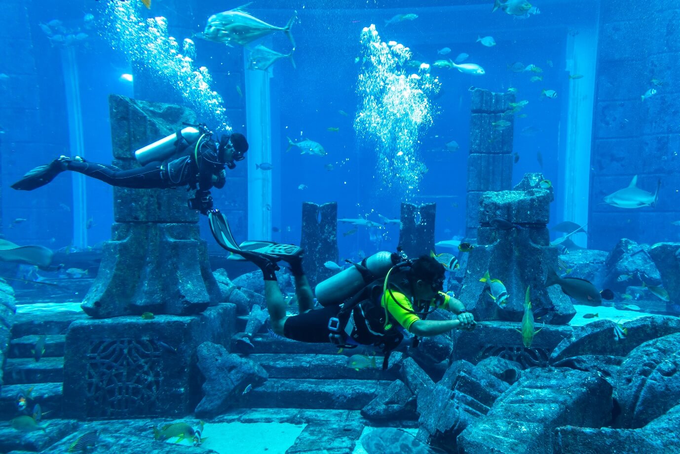 2 scuba divers in the lost chambers - Large aquarium in Hotel Atlantis in Dubai, United Arab Emirates.